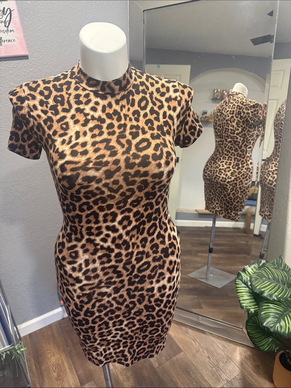 Leopard Print Mock Neck Mini Dress - Brown